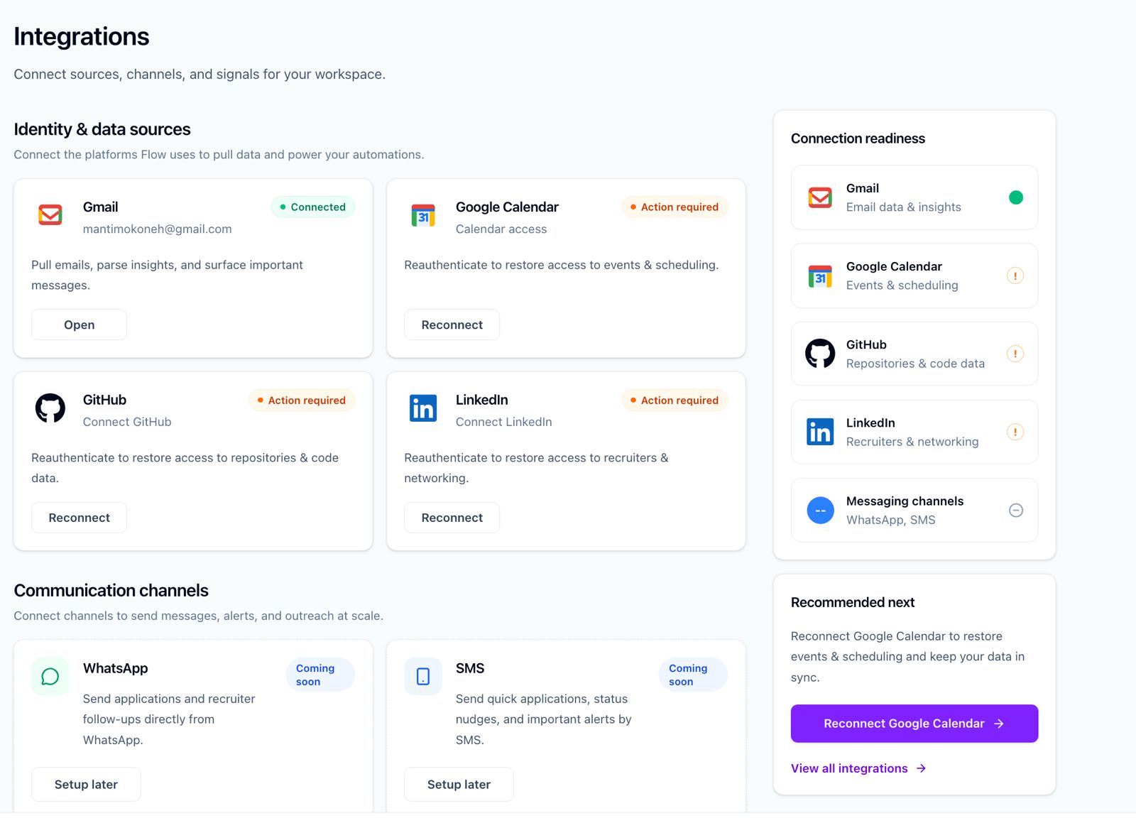 Flow connected integrations workspace