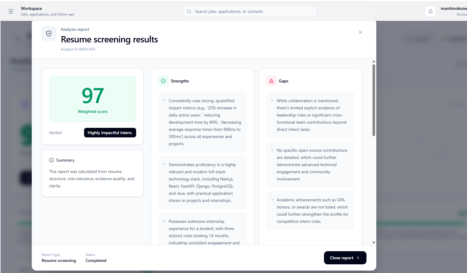 Resume intelligence in context screenshot